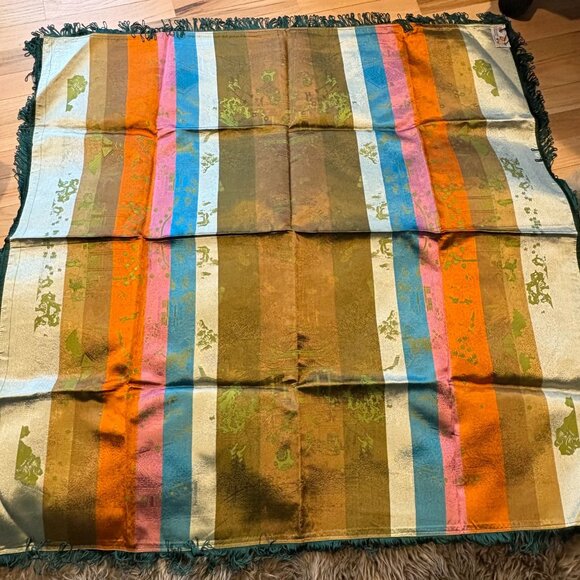 Vintage Reversible Asian-Inspired Fringed Silk Square Table Cover Tapestry - Picture 5 of 10